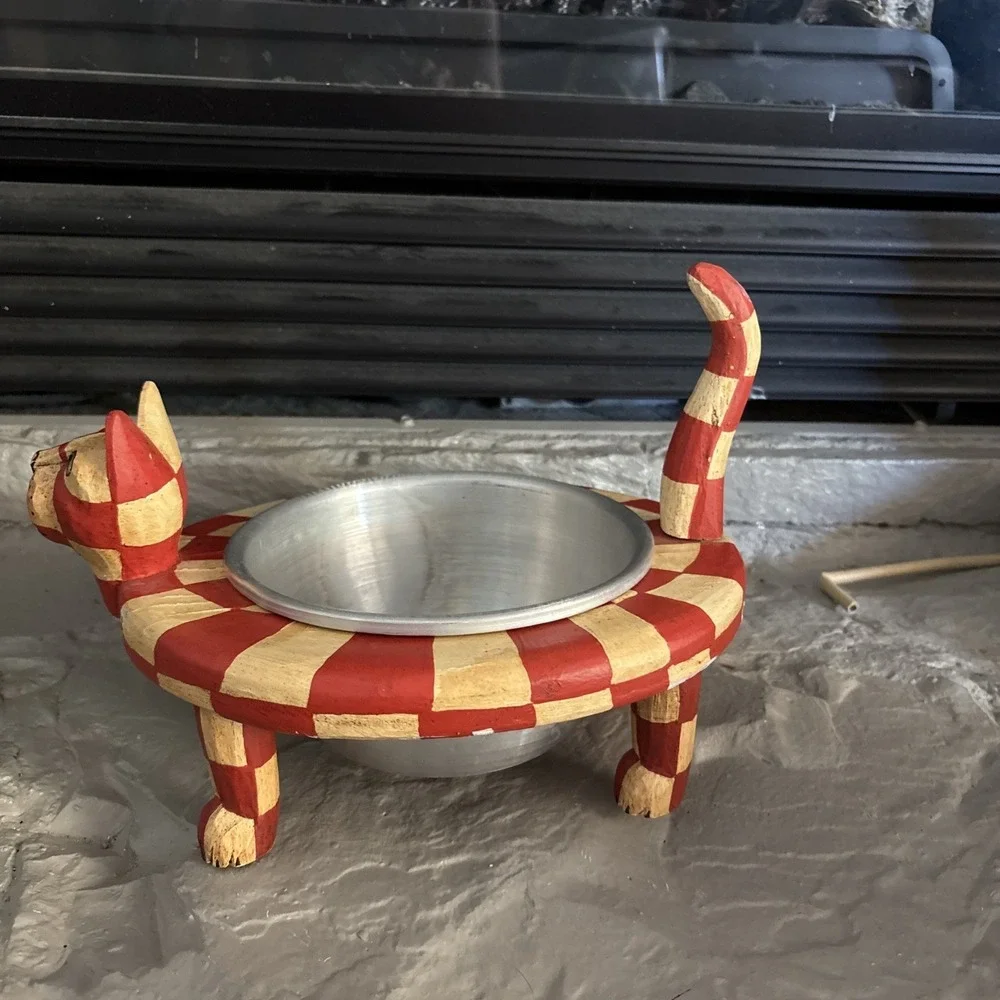 Whimsical Hand Painted Carved Cat Food Holder Dish Bowl‎